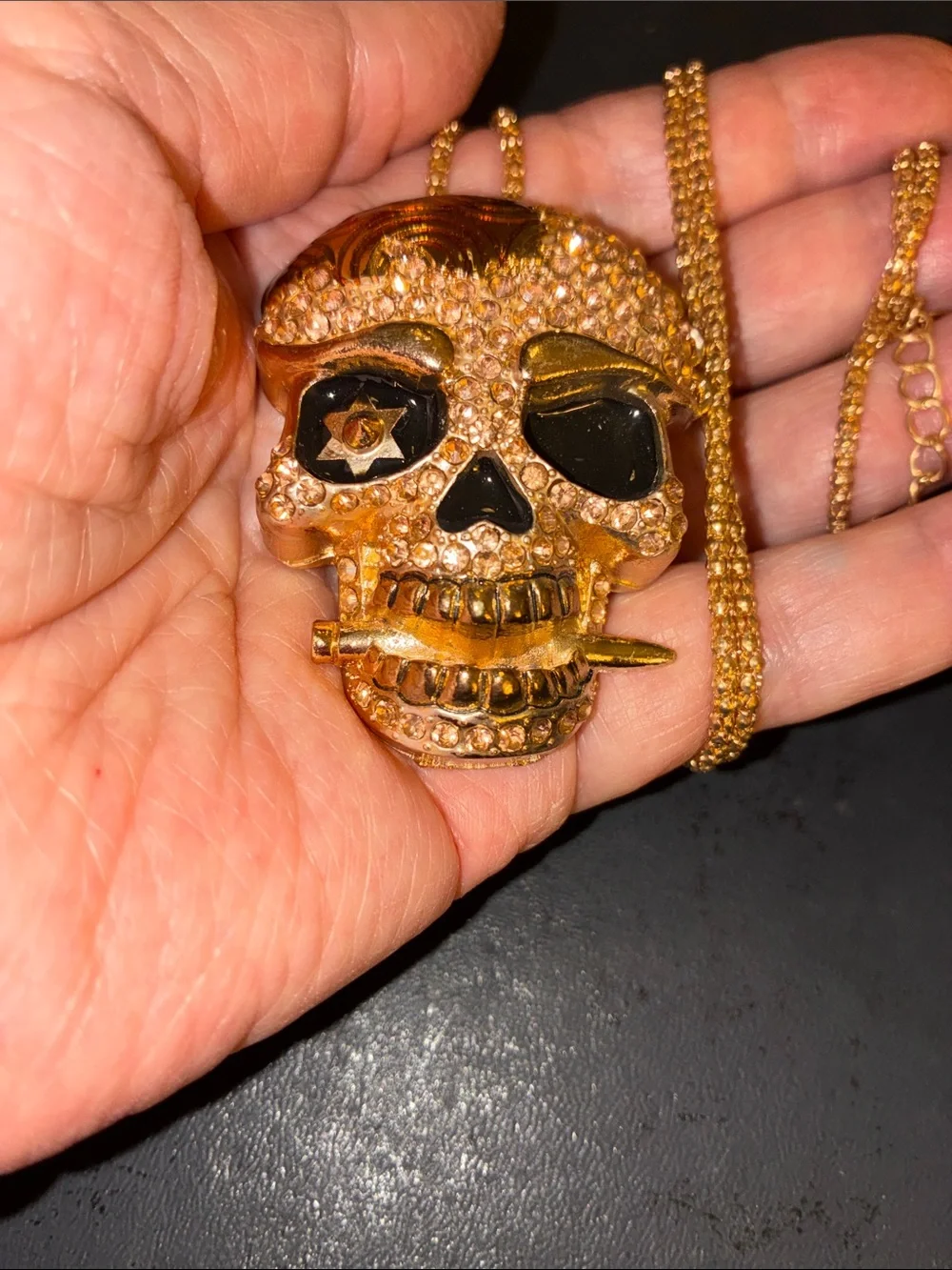 Gold Crystal Skull Pendant Necklace
